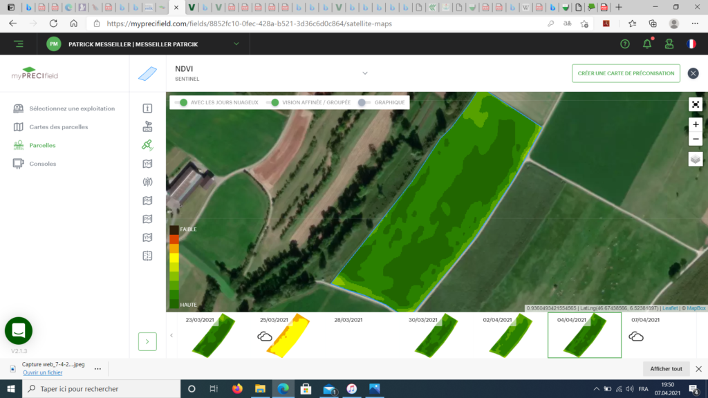 La densité foliaire sur plusieurs jours, sur une parcelle scannée préalablement, sur le site myPreciField.com.